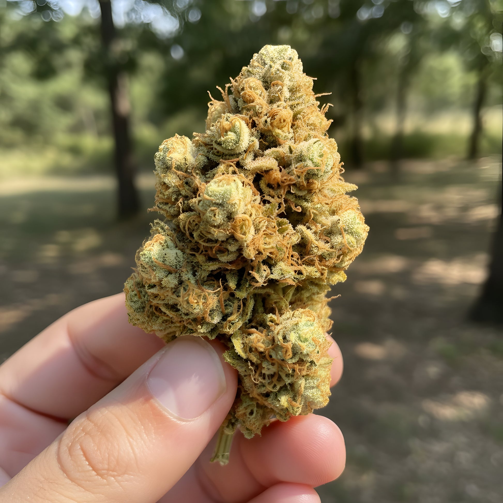 Yellow Tail THCa Hemp Flower in hand displaying dense yet airy sativa-dominant hybrid buds, vibrant color, sticky trichomes, and premium AAA-grade quality