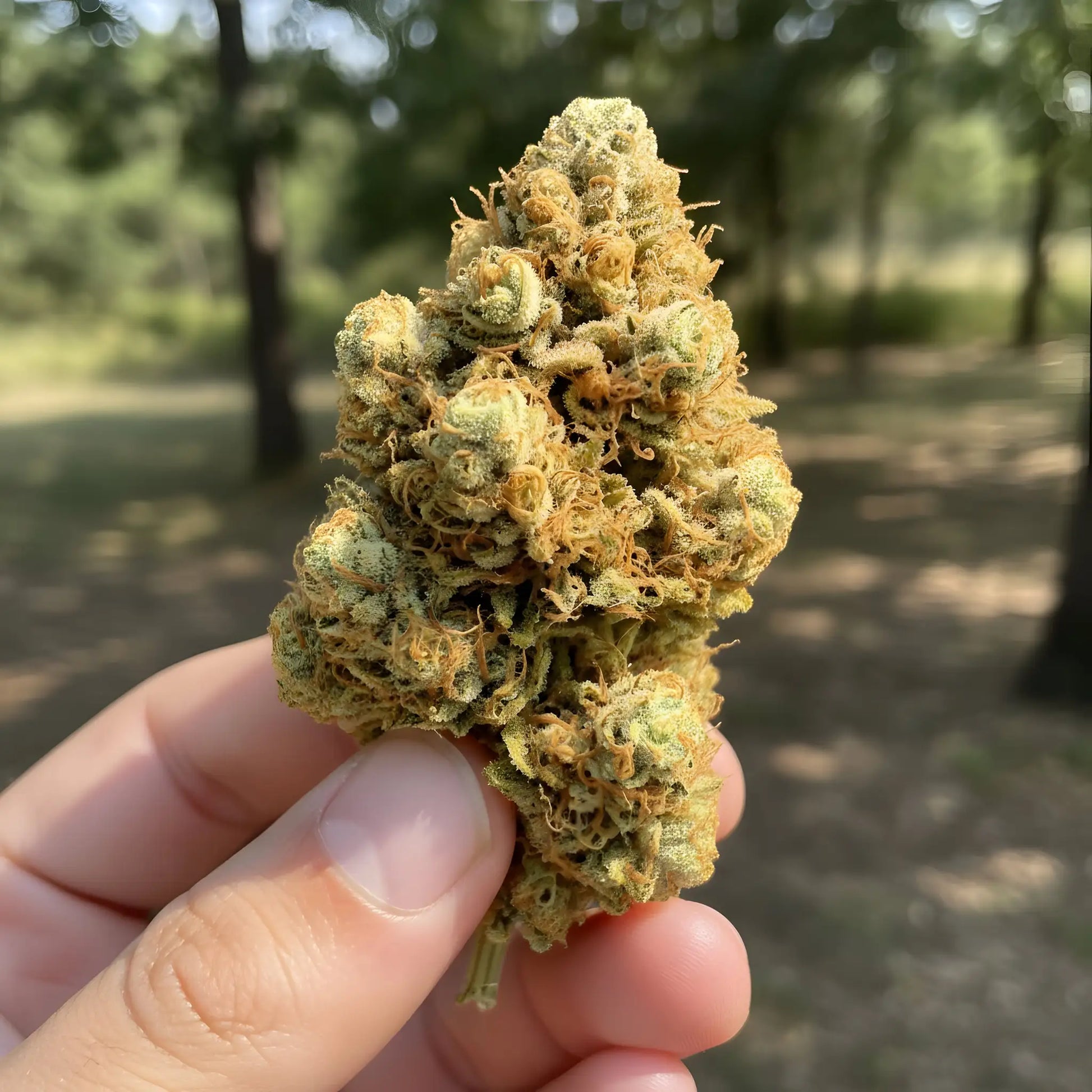 Yellow Tail THCa Hemp Flower in hand displaying dense yet airy sativa-dominant hybrid buds, vibrant color, sticky trichomes, and premium AAA-grade quality