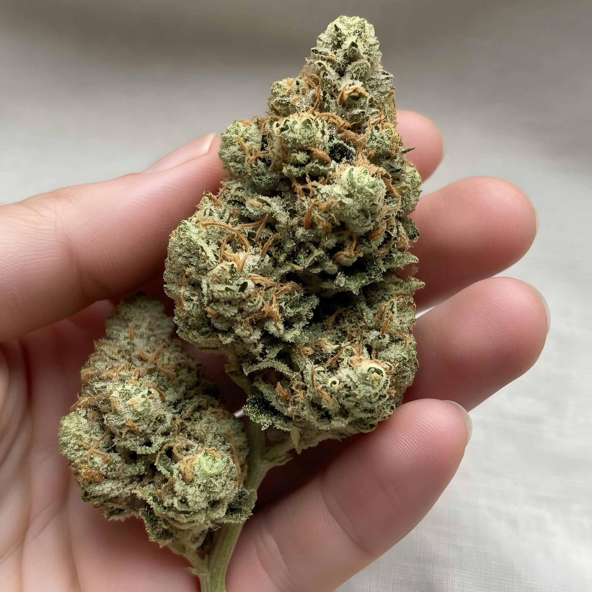 In hand photo of Sour Diesel THCA hemp flower hybrid AA grade, displaying fluffy resinous buds with citrus diesel aroma appeal.