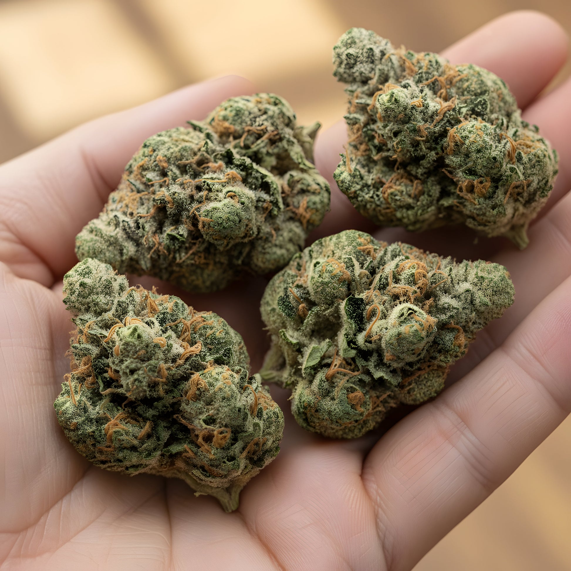 In hand photo of Oh La La THCA hemp flower hybrid AAA grade, showcasing sticky frosty buds with pastel hues and 31.5 percent THCA potency