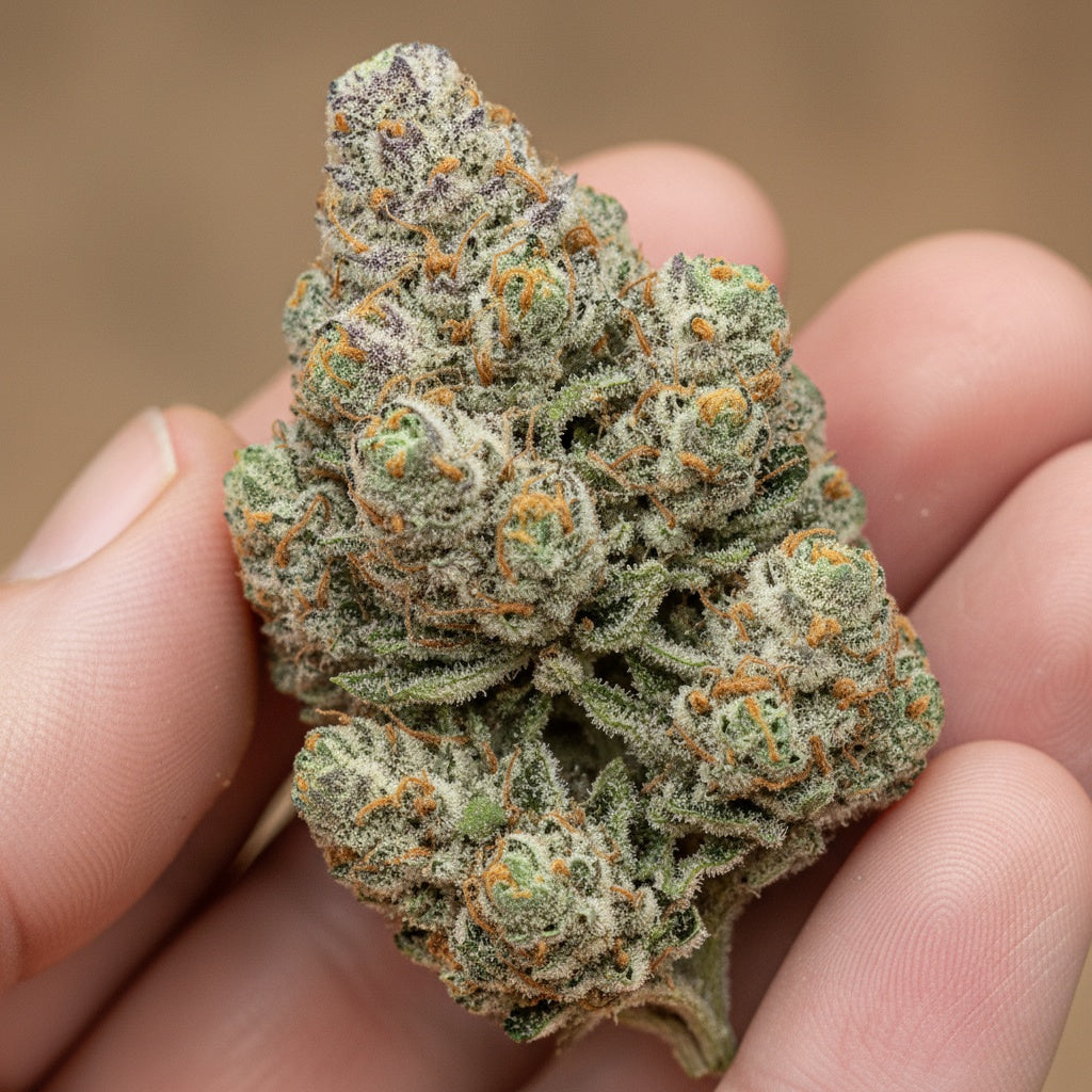 A mix of skunk, pine, and citrus rind, layered over a woody backbone.