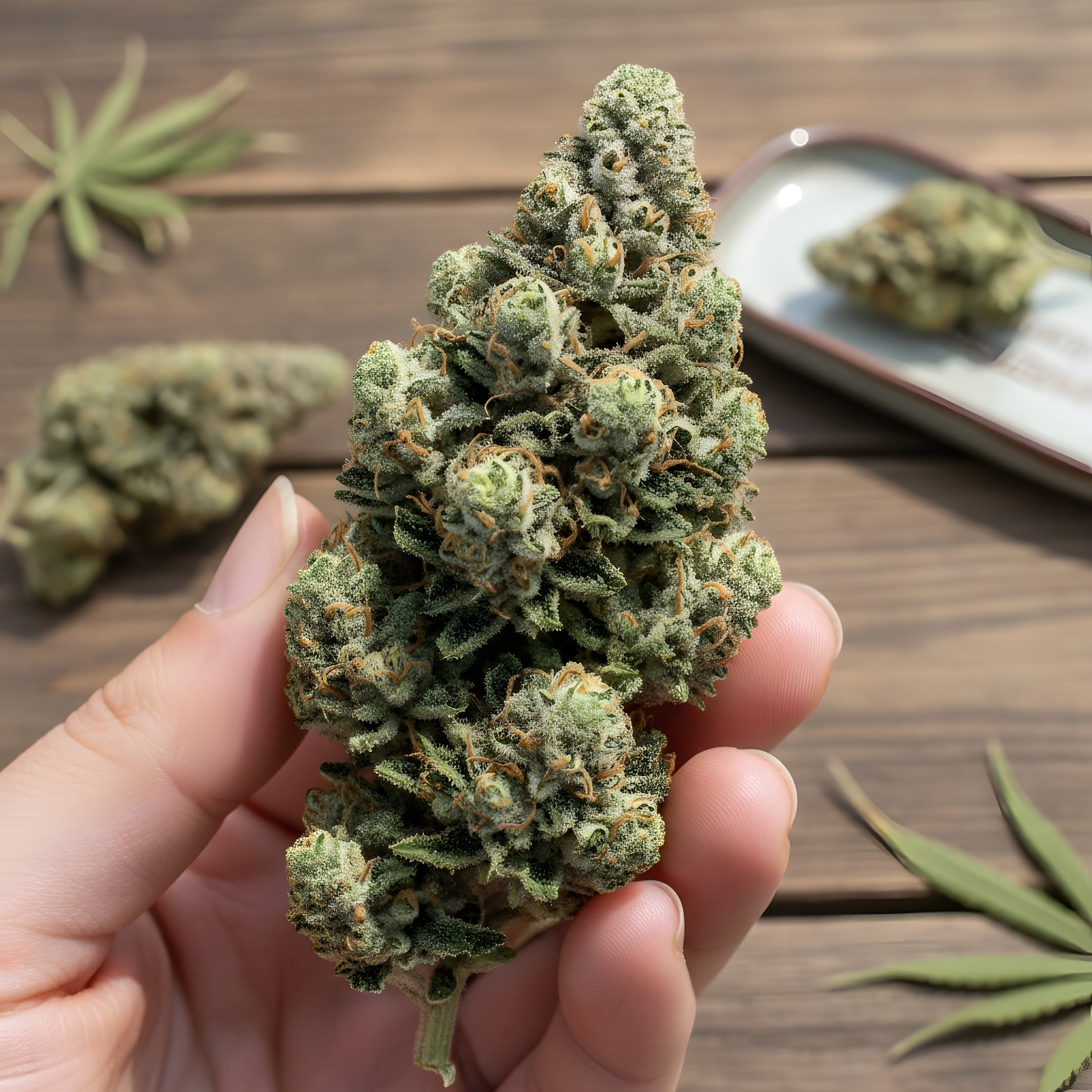 In hand photo of Plant Sherb THCA hemp flower indica dominant AA grade, displaying dense resin coated buds with premium dessert strain appearance