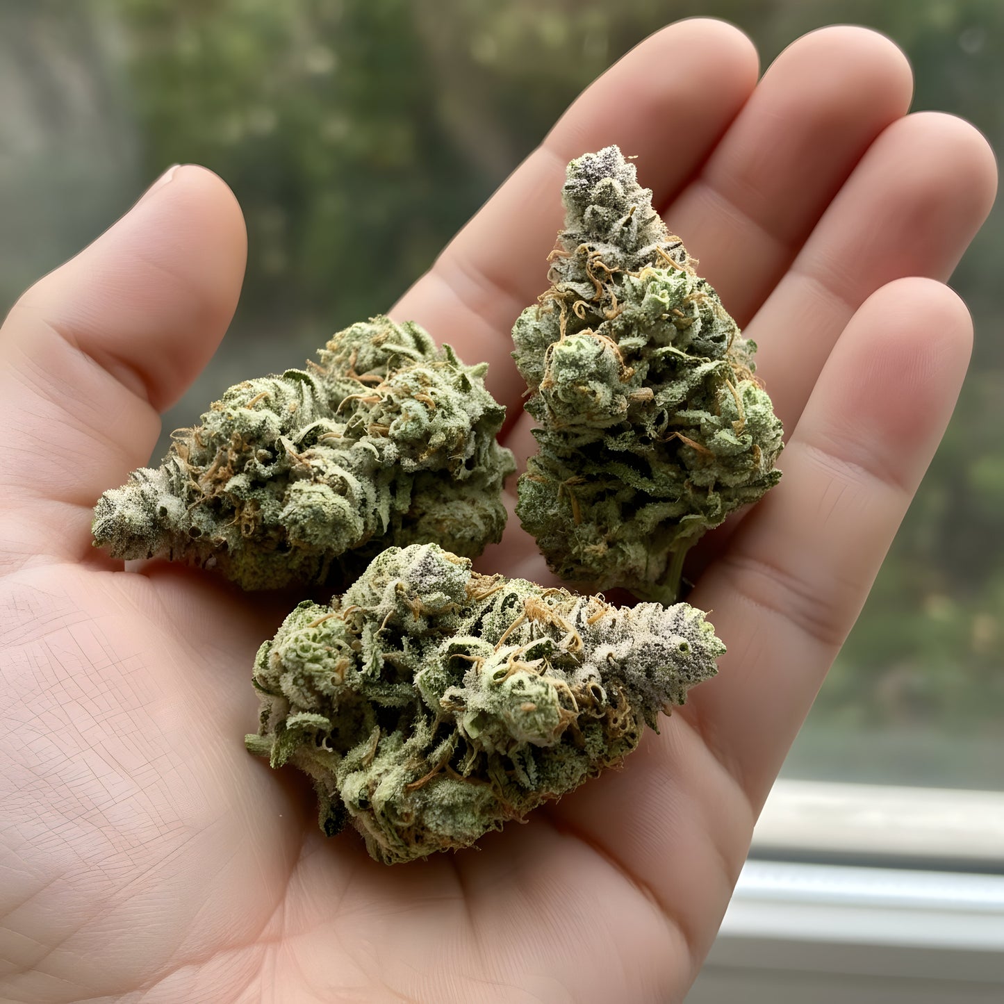 In hand photo of Pineapple Ex THCA hemp flower sativa AA grade, displaying vibrant green buds with sticky resin and tropical appeal