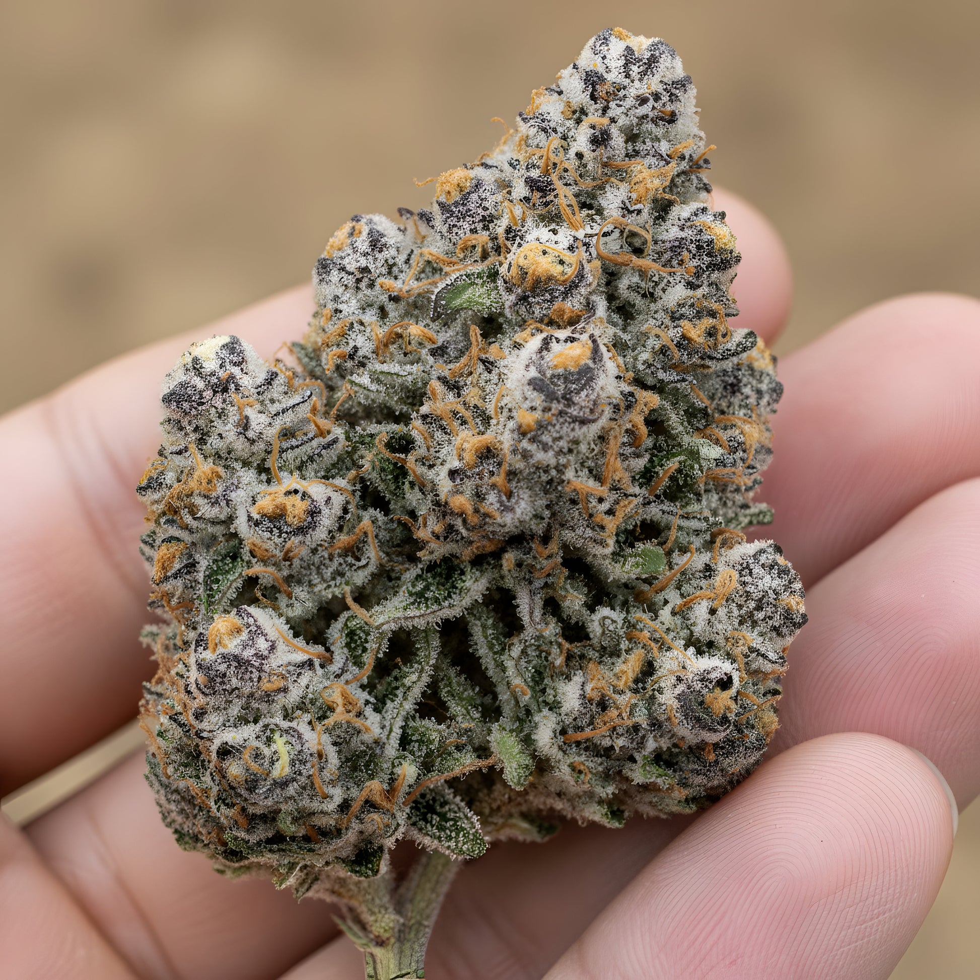 In hand photo of Oreoz Blizzard THCA hemp flower indica dominant AAA grade, showcasing thick frosty buds with blizzard like trichomes and 28 percent THCA potency