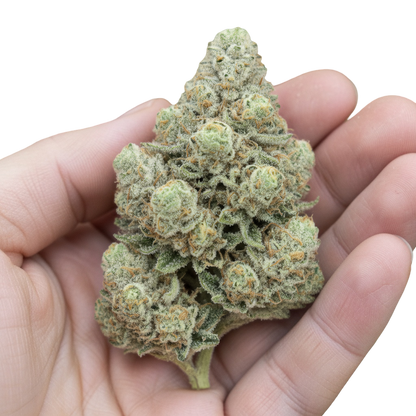 In hand photo of Zoap THCA hemp flower balanced hybrid AAA grade, showing compact nugs with frosty trichomes and candy-like visual appeal, 33 percent THCA potency