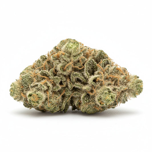 Key Lime Pie features tight, frosty buds with lime-green tones and a silvery trichome coating.