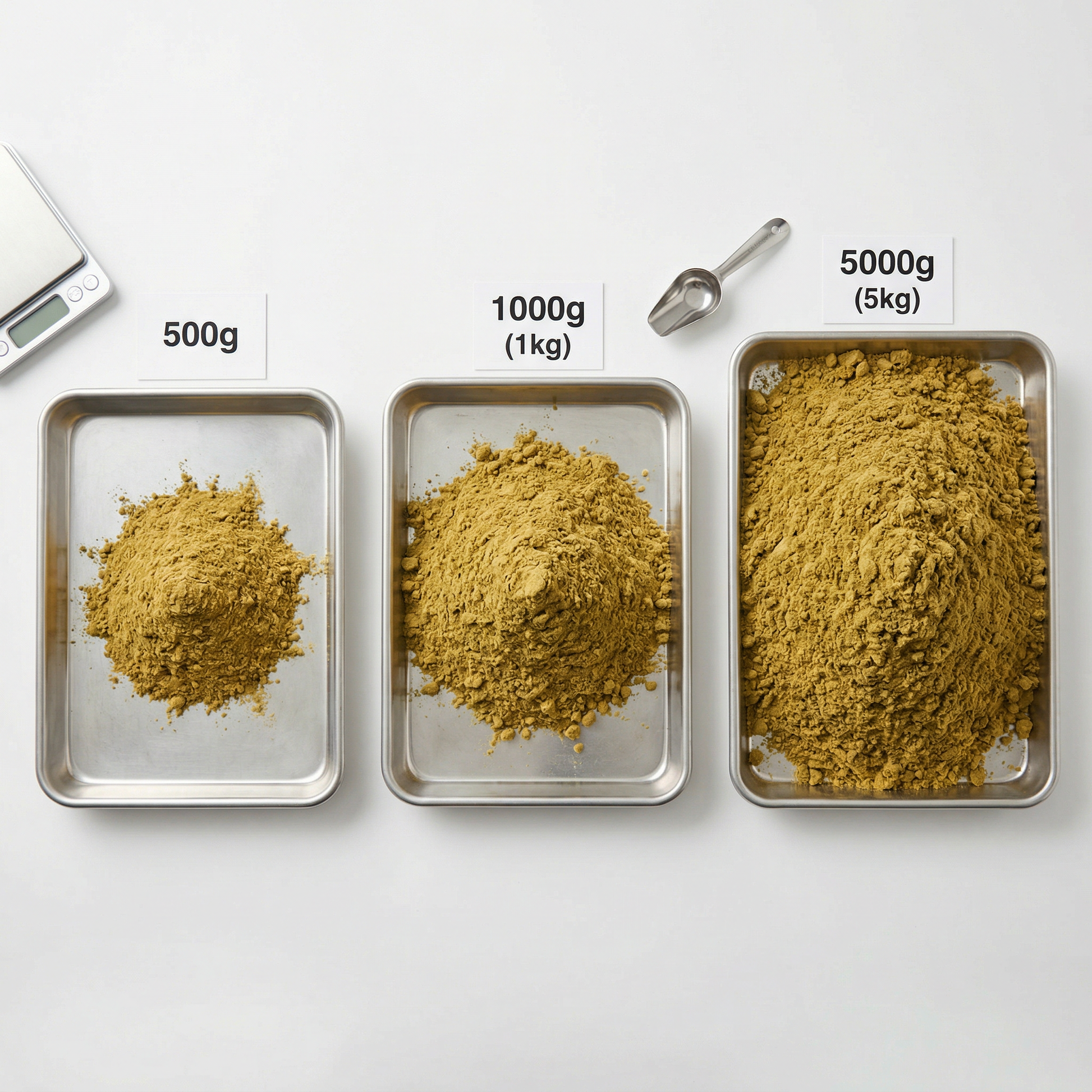 Three trays of bulk THCA kief showing wholesale size options — 500g, 1000g, and 5000g hemp kief quantities