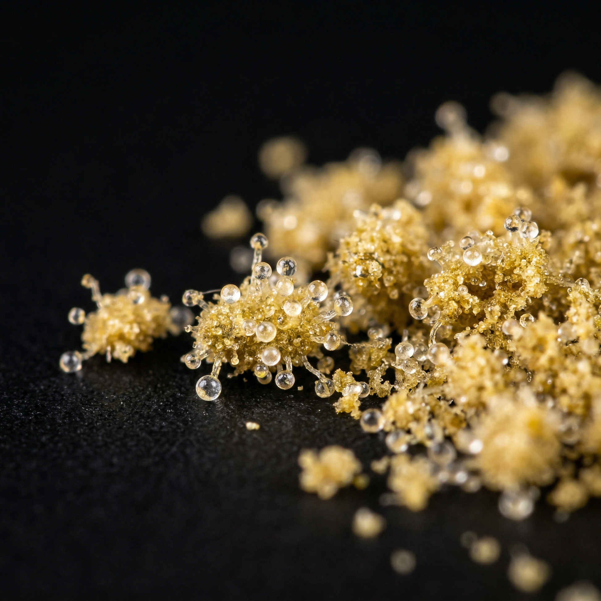 Extreme macro close-up of THCA kief trichome heads on black background — golden crystalline hemp trichomes