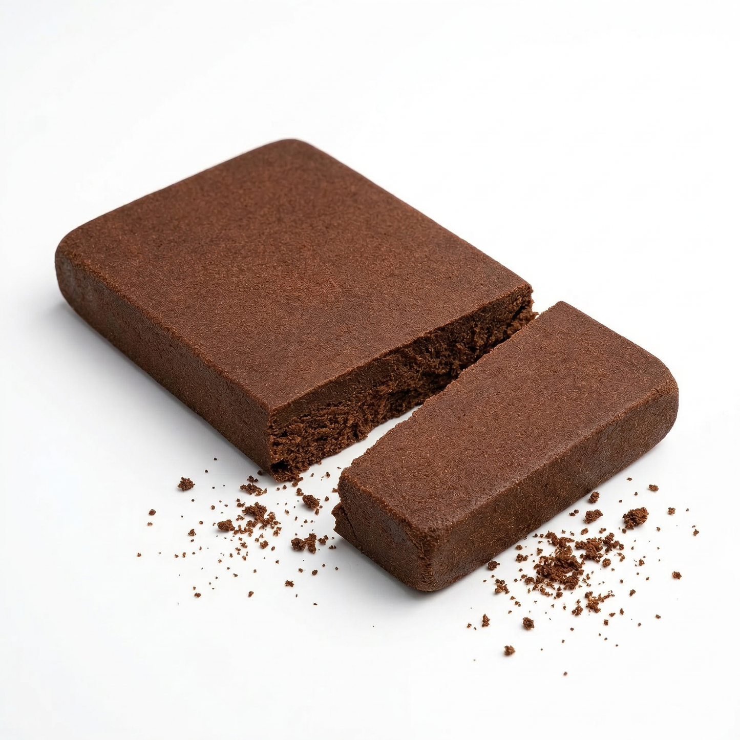 THCA Lebanese red hash slab broken into a large piece and a small piece on a white background, rich chocolate-brown smooth matte surface with fine granular crumble scattered around the break point