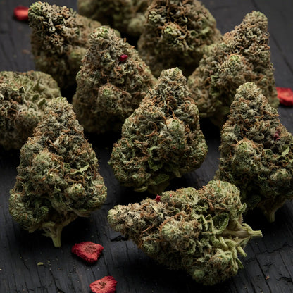 Lifestyle image of Strawberry THCA hemp flower AA grade, a fruity sativa-dominant strain known for uplifting daytime effects