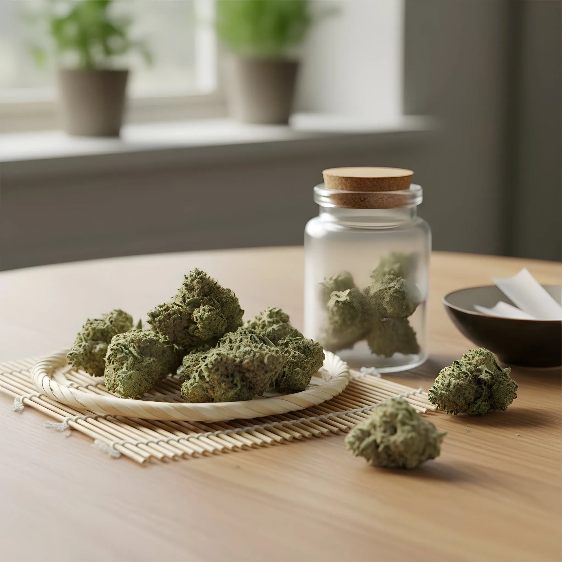 Lifestyle image of Windu THCA hemp flower AA grade hybrid, featuring fresh pine forward buds ideal for daytime focus and social clarity.