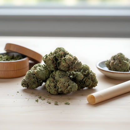 Lifestyle image of Afghani Kush THCa hemp flower pure indica AA grade, a relaxing Afghani landrace strain with earthy pine aroma