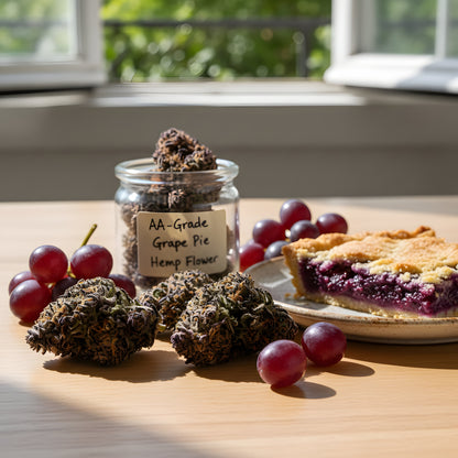 Lifestyle image of Grape Pie THCA hemp flower AA grade, a relaxing indica-dominant dessert strain with grape and pastry aroma