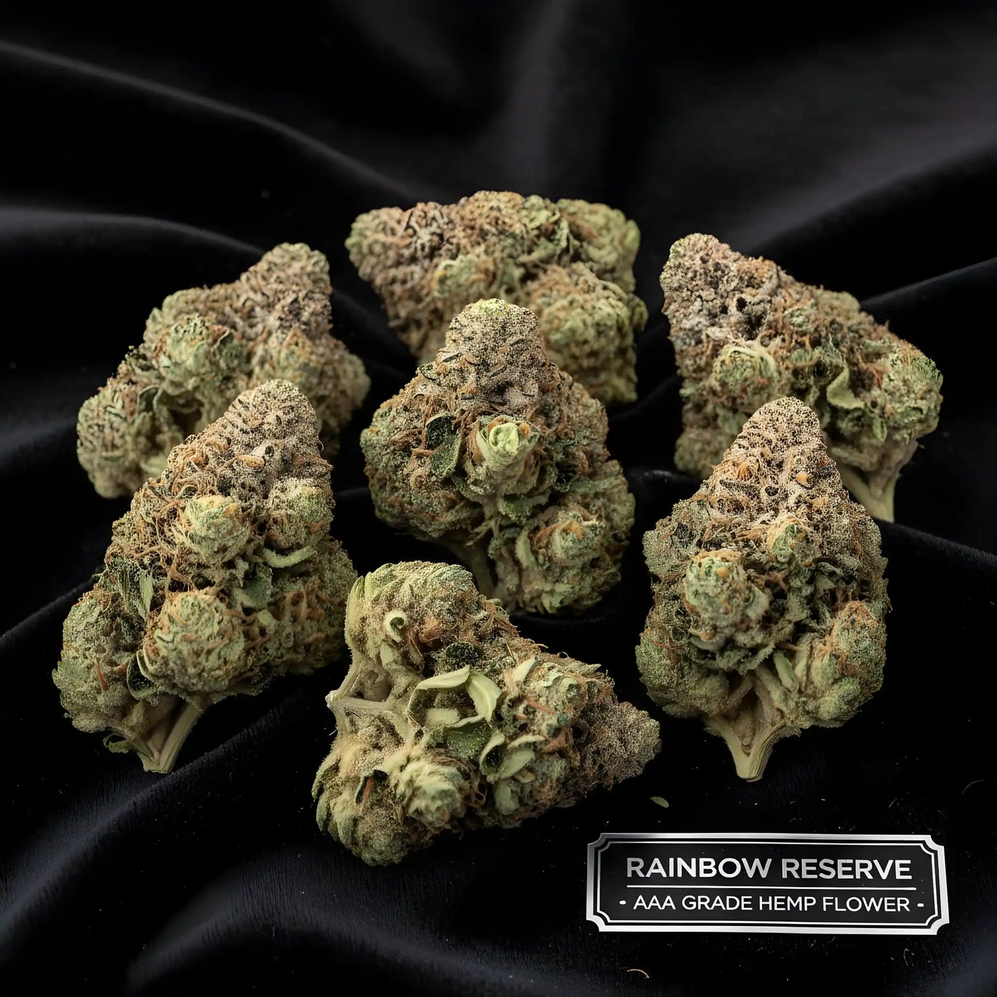 Lifestyle image of Rainbow Reserve THCA hemp flower hybrid AAA grade, showcasing vibrant rainbow colored buds with tropical skunky candy aroma, ideal for uplifting and creative vibes