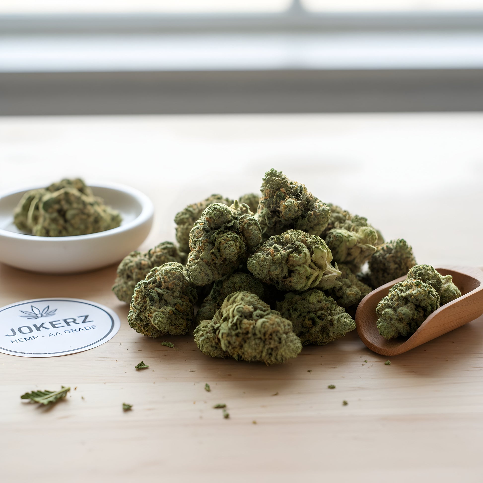 Lifestyle image of Jokerz THCA hemp flower AA grade indica dominant, displaying dessert flavored buds with sweet gassy aroma, ideal for relaxing late evening use