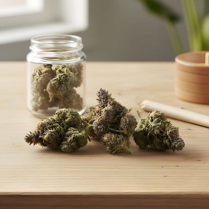 Lifestyle image of Sour Diesel THCA hemp flower AA grade hybrid, showcasing an energizing daytime strain with focus enhancing effects