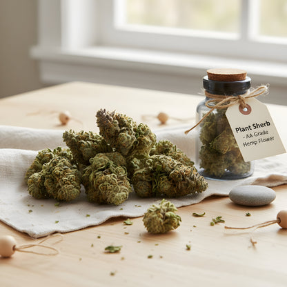 Lifestyle image of Plant Sherb THCA hemp flower AA grade indica dominant, featuring colorful dessert style buds ideal for evening relaxation and stress relief.