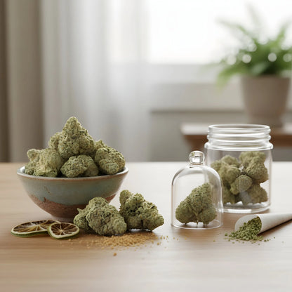 Lifestyle image of Key Lime Pie THCA hemp flower AA grade, a relaxing indica-dominant dessert strain with sweet lime and creamy notes | Hurcann