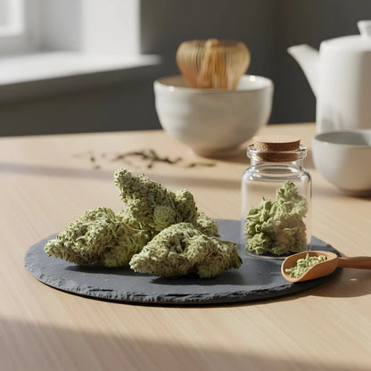 Lifestyle image of Cream Cake THCA hemp flower AA grade indica, showcasing creamy frosted buds ideal for evening relaxation and stress relief | Hurcann