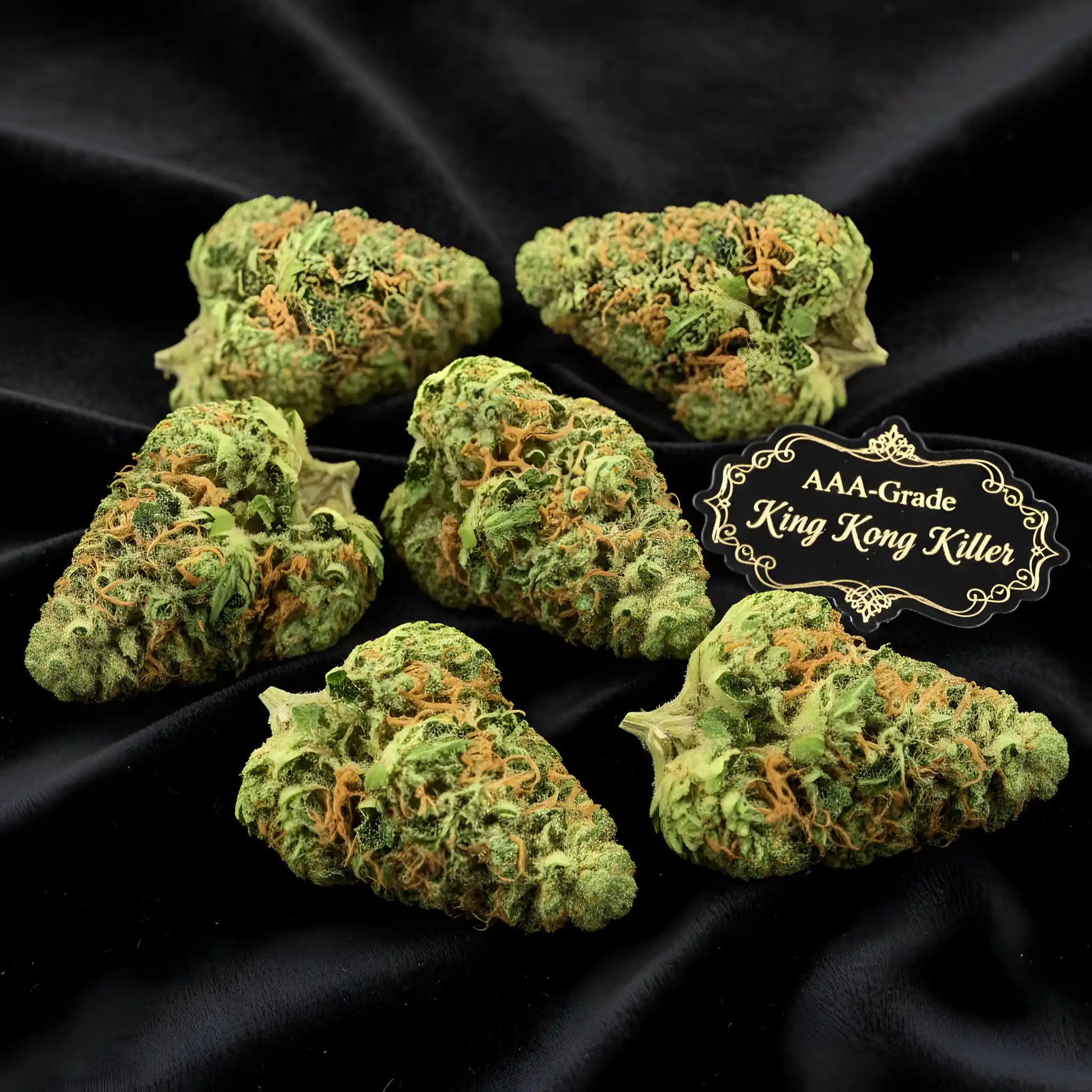 Lifestyle image of King Kong Killer THCA hemp flower AAA grade indica dominant, showcasing heavy resinous buds with pungent diesel aroma, ideal for deep relaxation and stress relief | Hurcann