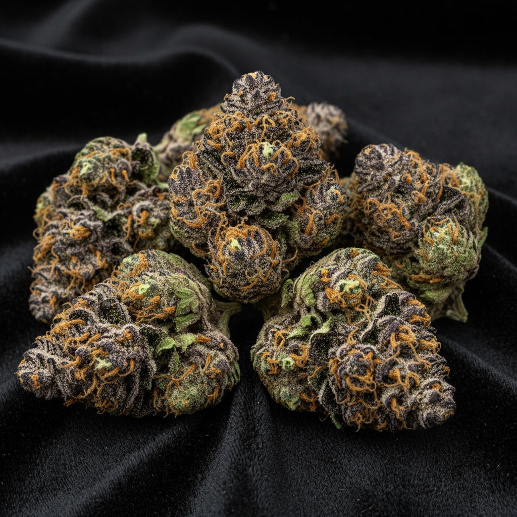 Dense, purple-tinged buds with rich green hues and frosty white trichomes
