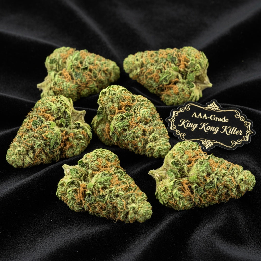 Massive, resin-coated buds with dark green tones and thick amber hairs.