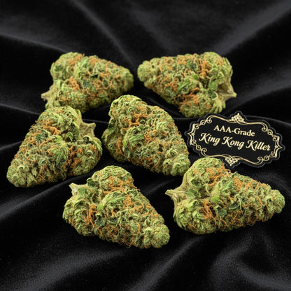 Massive, resin-coated buds with dark green tones and thick amber hairs.