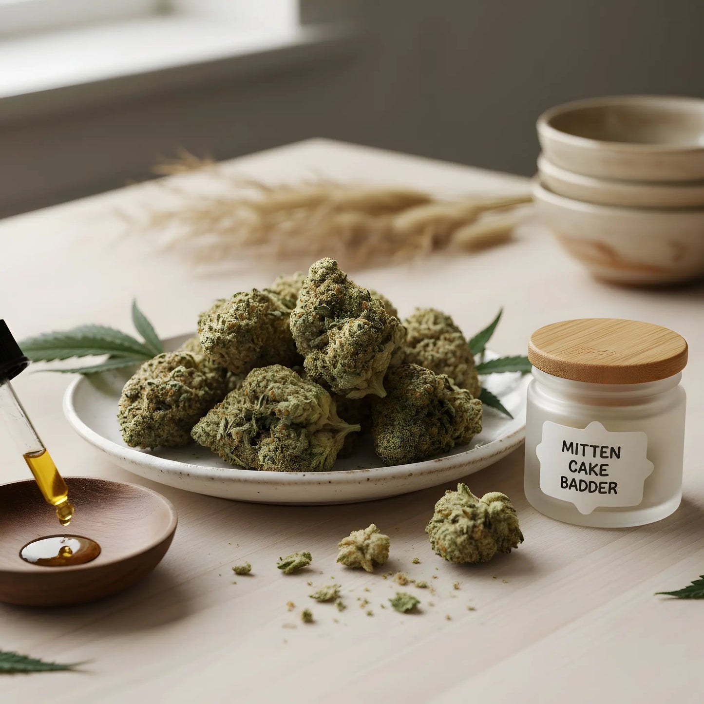 Lifestyle image of Mitten Cake Badder THCA hemp flower AA grade indica dominant, showcasing dessert-style buds ideal for evening relaxation and creativity | Hurcann