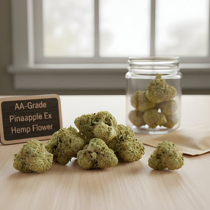 Lifestyle image of Pineapple Ex THCA hemp flower AA grade sativa, showcasing bright tropical buds ideal for daytime energy and creative focus