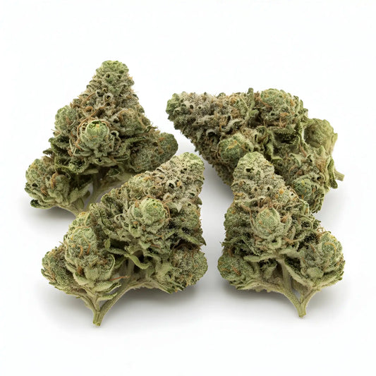 Main product photo of Afghani Kush THCa hemp flower pure indica AA grade, showing dense forest-green buds with orange pistils and frosty trichomes | Hurcann