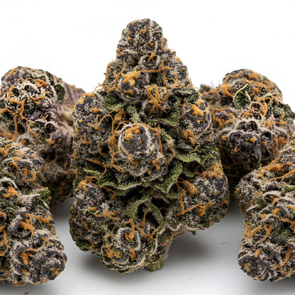 Main product photo of Texas Pound Cake THCA hemp flower AAA grade indica, featuring resin rich buds with purple highlights, sweet cake batter and vanilla aroma, 32 percent THCA