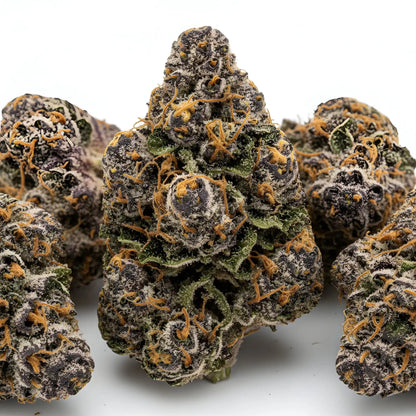 Main product photo of Texas Pound Cake THCA hemp flower AAA grade indica, featuring resin rich buds with purple highlights, sweet cake batter and vanilla aroma, 32 percent THCA