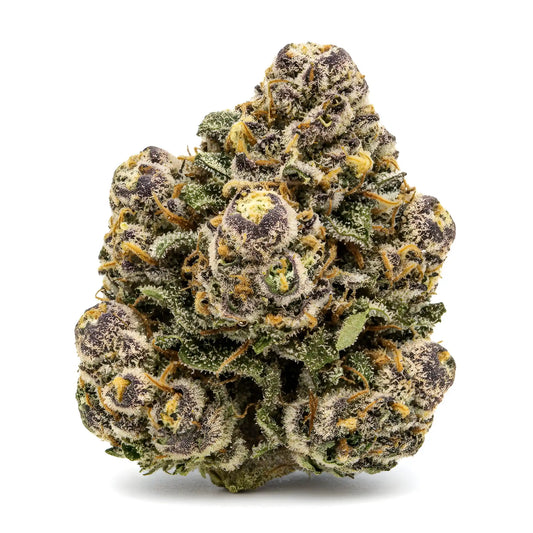 Main product photo of Ghosted THCA hemp flower hybrid AAA grade, featuring frosty pale green buds with a ghostly white shimmer, creamy mint and floral aroma, 31 percent THCA | Hurcann
