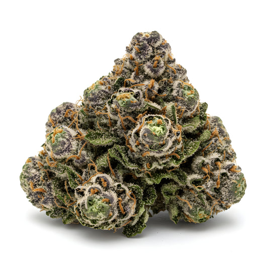 Main product photo of Super Boof THCA hemp flower AAA grade hybrid, featuring frosty purple buds with cherry tropical aroma and diesel sweetness