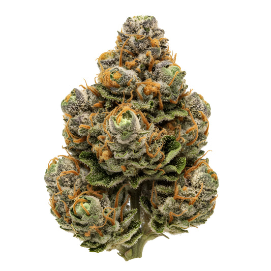 Main product photo of Vanilla Berry THCA hemp flower AA grade, an indica-dominant strain coated in thick trichomes with a sugary vanilla shimmer