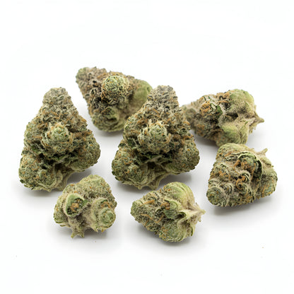 Main product photo of Plant Sherb THCA hemp flower AA grade indica dominant, featuring resinous purple toned buds with sweet sherbet dessert aroma