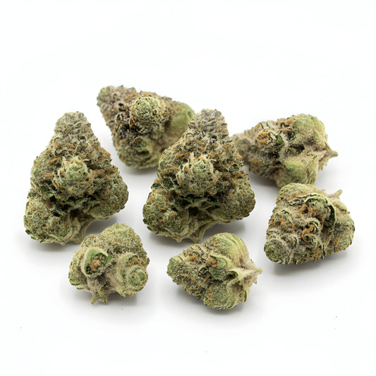 Main product photo of Plant Sherb THCA hemp flower AA grade indica dominant, featuring resinous purple toned buds with sweet sherbet dessert aroma