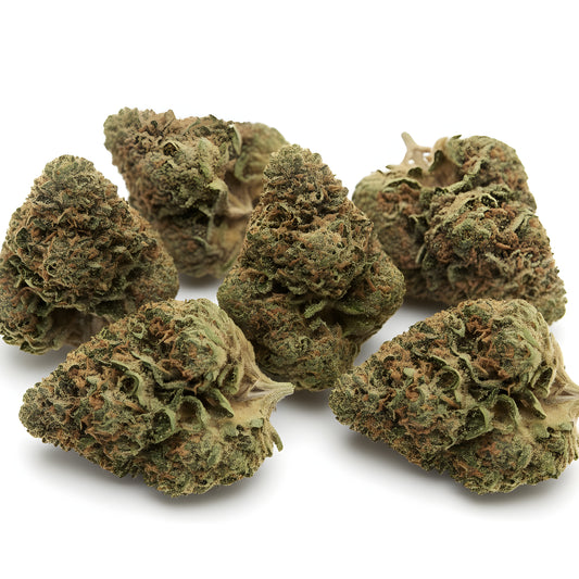 Main product photo of Strawberry THCA hemp flower AA grade, a sativa-dominant strain with fluffy structure and resin-rich appearance