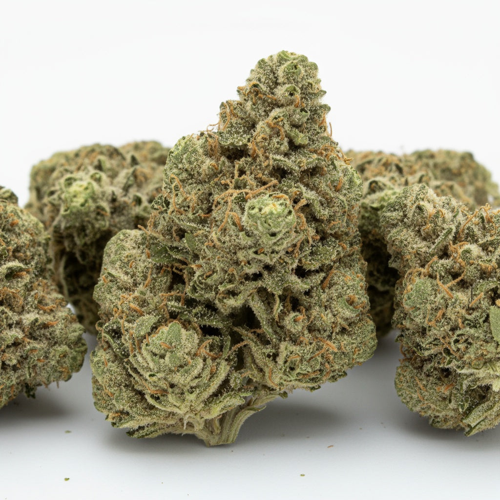 Windu buds display a mix of bright green and orange hues with crystal-clear trichomes