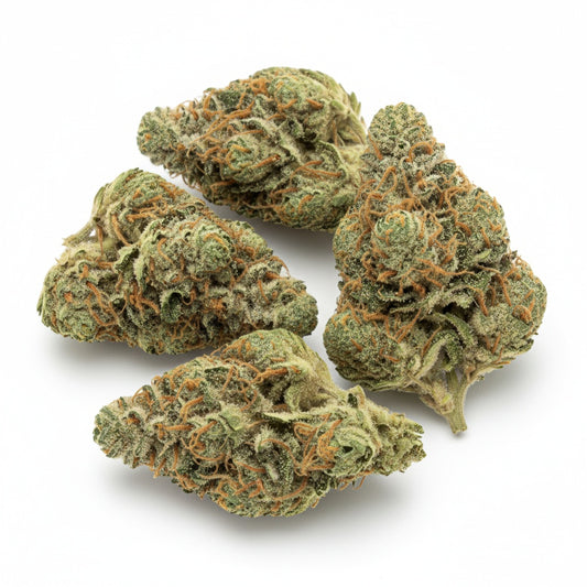 Sour Diesel buds are light green with orange hairs and a thick, frosty layer of trichomes.