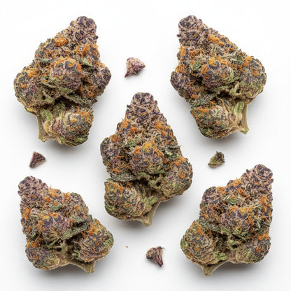 Cadillac Rainbow THCA Hemp Flower frosty trichomes and purple hues, rich terpene profile