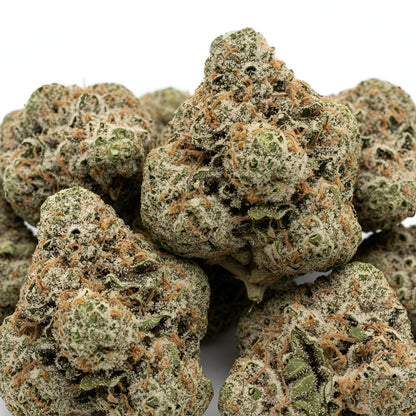 Main product photo of Ghosted THCA hemp flower hybrid AAA grade, featuring frosty pale green buds with a ghostly white shimmer, creamy mint and floral aroma, 31 percent THCA