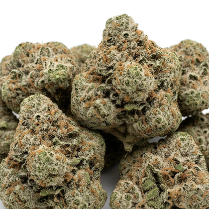 Main product photo of Ghosted THCA hemp flower hybrid AAA grade, featuring frosty pale green buds with a ghostly white shimmer, creamy mint and floral aroma, 31 percent THCA | Hurcann