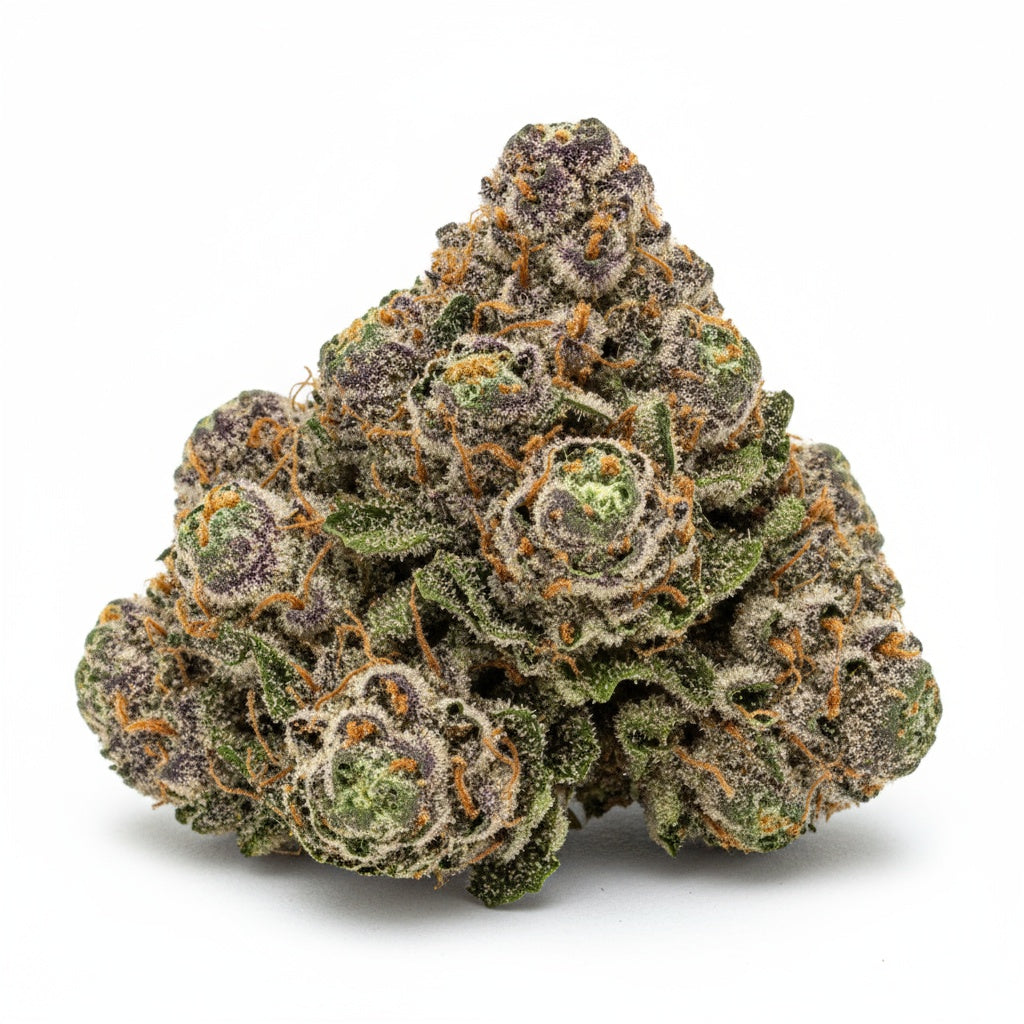 Super Boof features dense, chunky buds with deep purple hues and fiery orange pistils blanketed in trichomes.