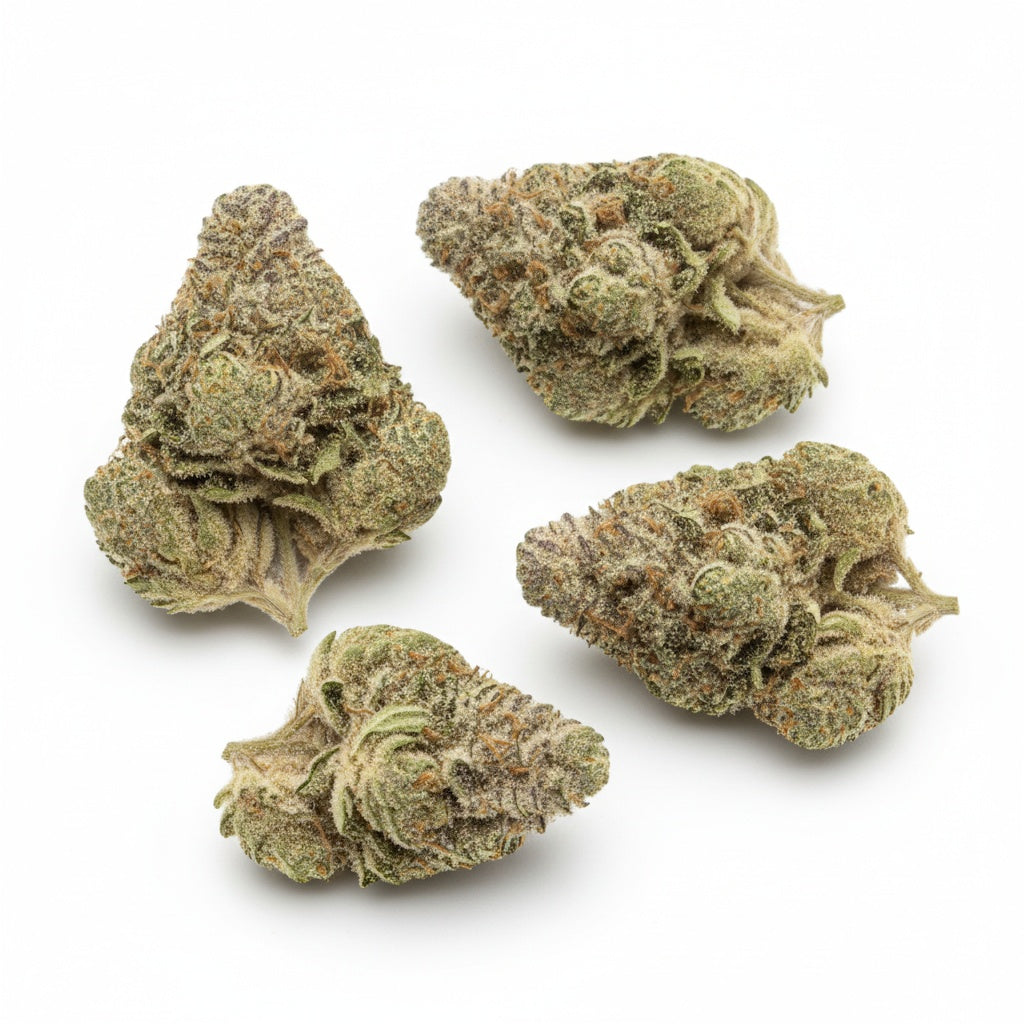 Deep forest green buds with streaks of violet, layered in sticky resin and bright orange hairs.