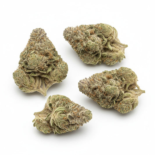 Deep forest green buds with streaks of violet, layered in sticky resin and bright orange hairs.