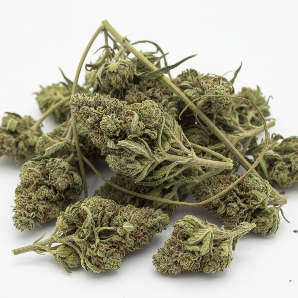 Chunky, forest-green buds covered in amber hairs and sticky resin