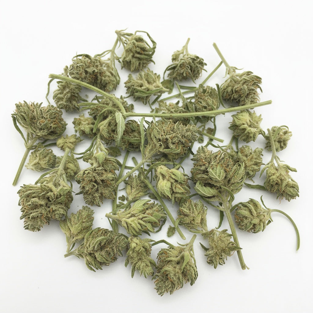 Jet Fuel buds are light green with fiery orange pistils and a frosty trichome finish