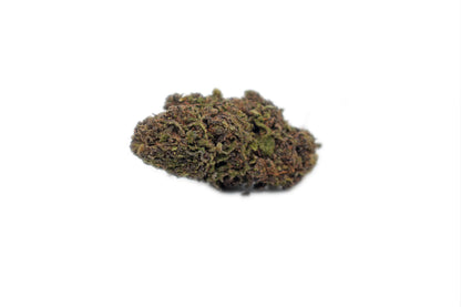 Close-up of a single Purple Gas CBD flower bud, highlighting its deep purple and green hues, frosty trichomes, and pungent diesel-like aroma for a potent indica experience.