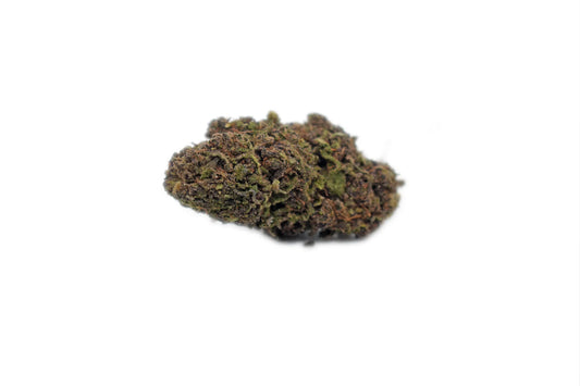 Close-up of a single Purple Gas CBD flower bud, highlighting its deep purple and green hues, frosty trichomes, and pungent diesel-like aroma for a potent indica experience.